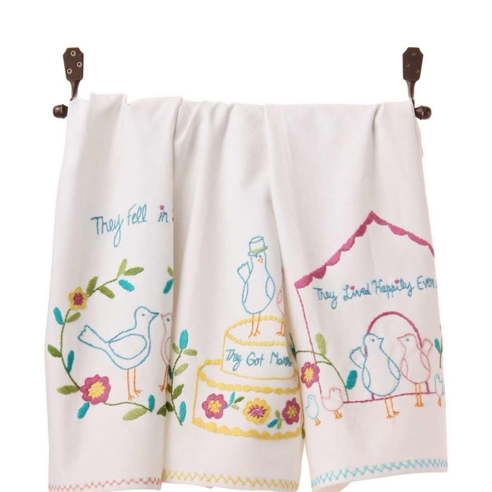 Anthropologie White Kitchen Towels with Colorful Embroidery